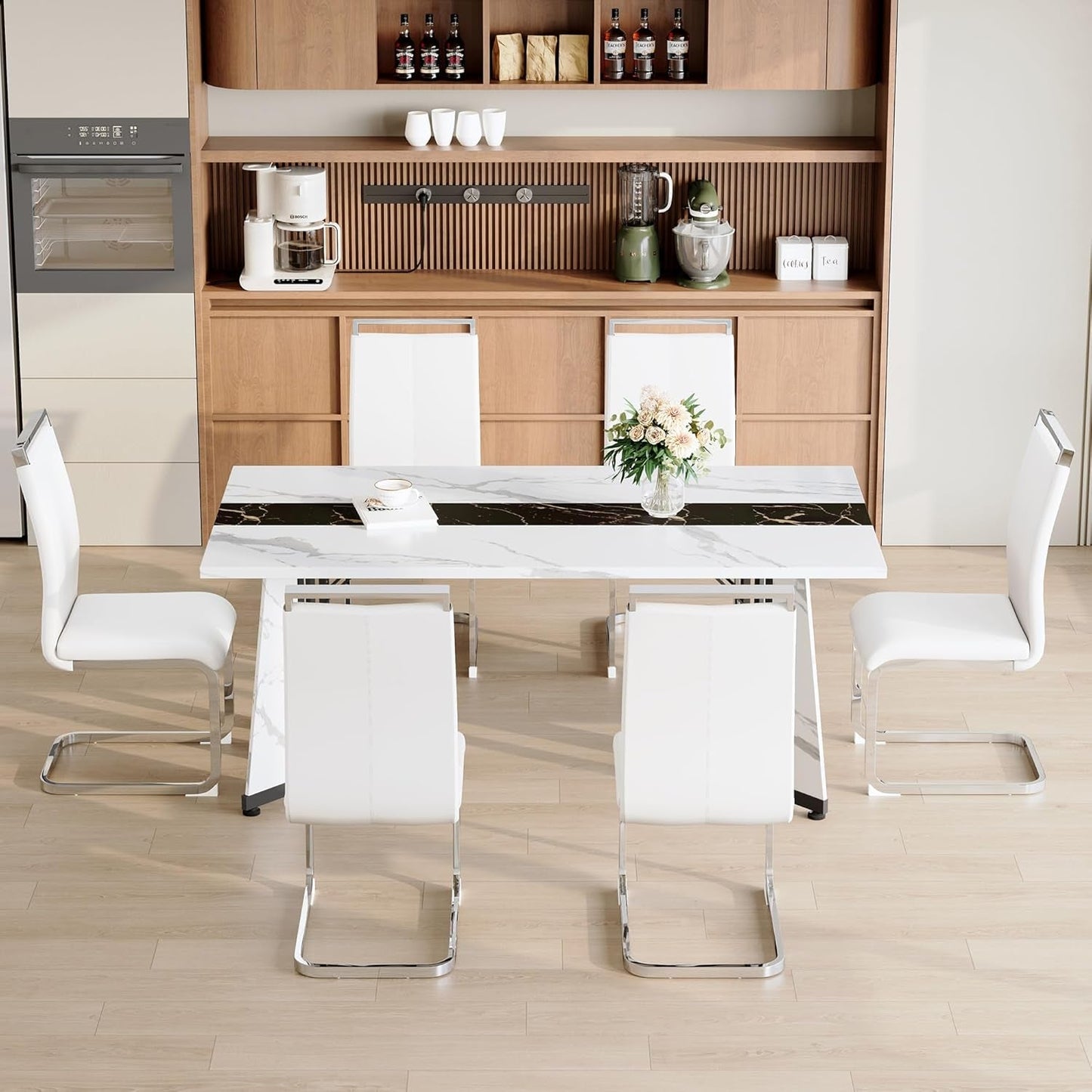 Dining Table Set For Six Seventy One Inch White Marble Top Leather Chairs