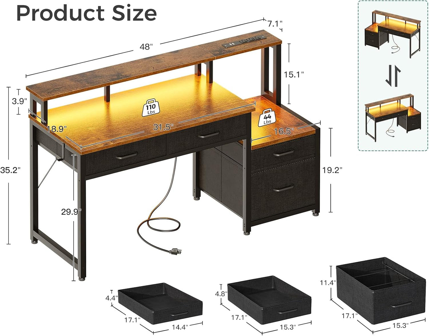 48-Inch Computer Desk With LED Strip And Power Strip