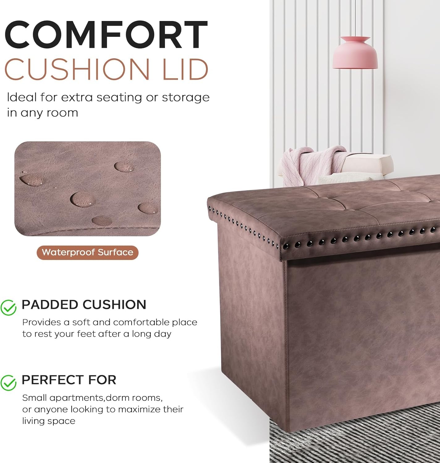 Oak Brown 30-Inch Foldable Storage Ottoman Bench
