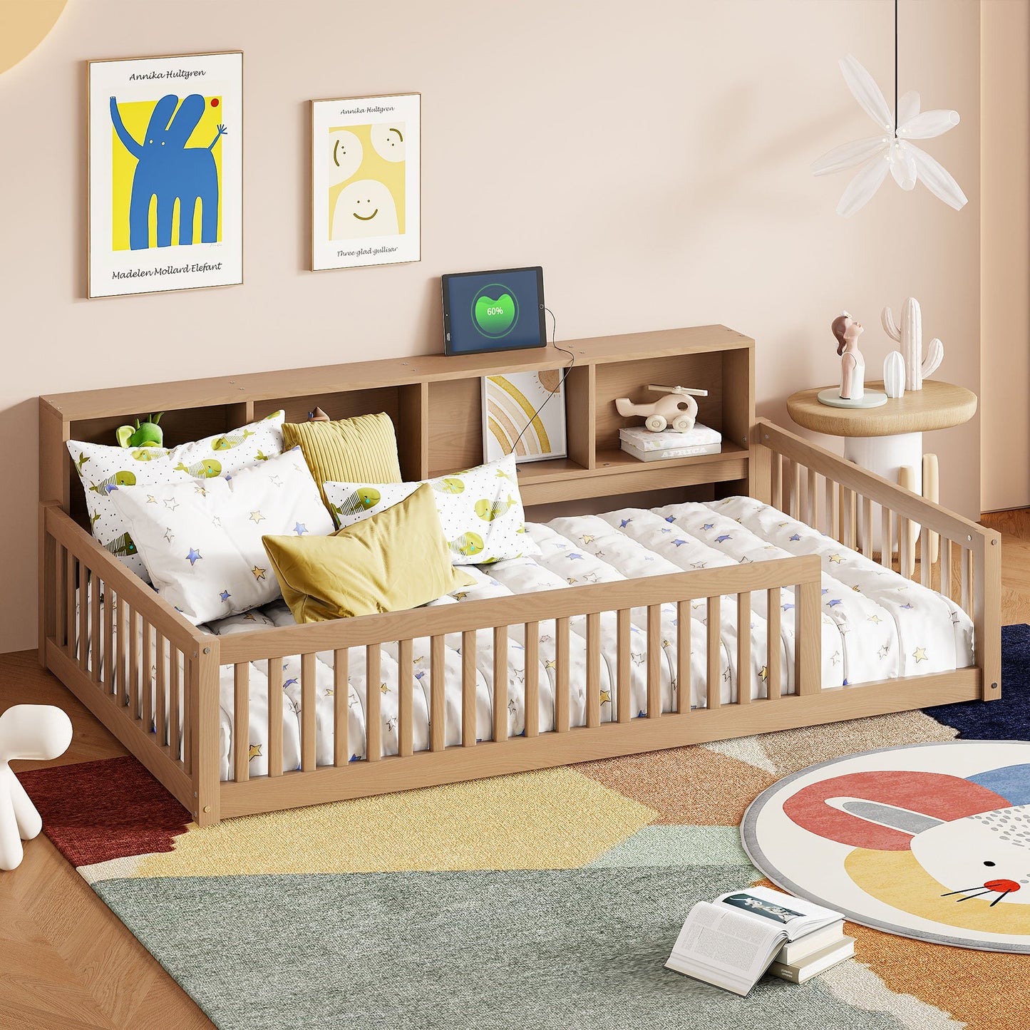 Wood Twin XL Size Floor Bed with Storage Cabinets and USB Ports