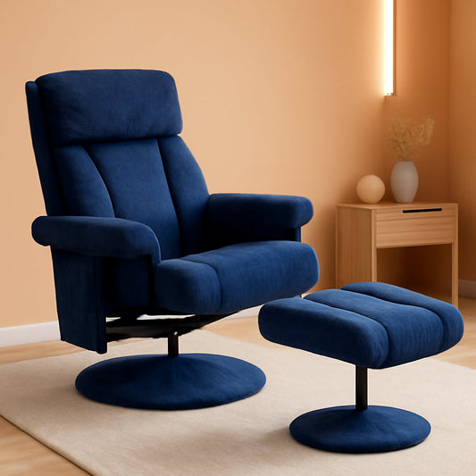 Swivel Recliner With Ottoman And Vibration Massage Blue Textile