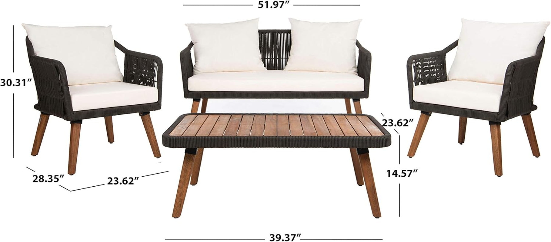 Outdoor Patio 4 Piece Eucalyptus Rope Furniture Set featuring modern design with natural eucalyptus wood and nylon rope.
