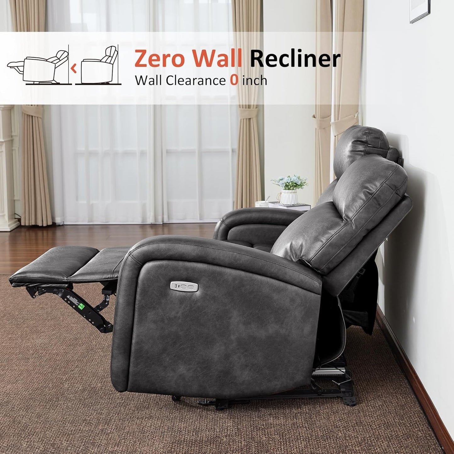Dark Grey Zero Wall Power Recliner Loveseat With USB Ports