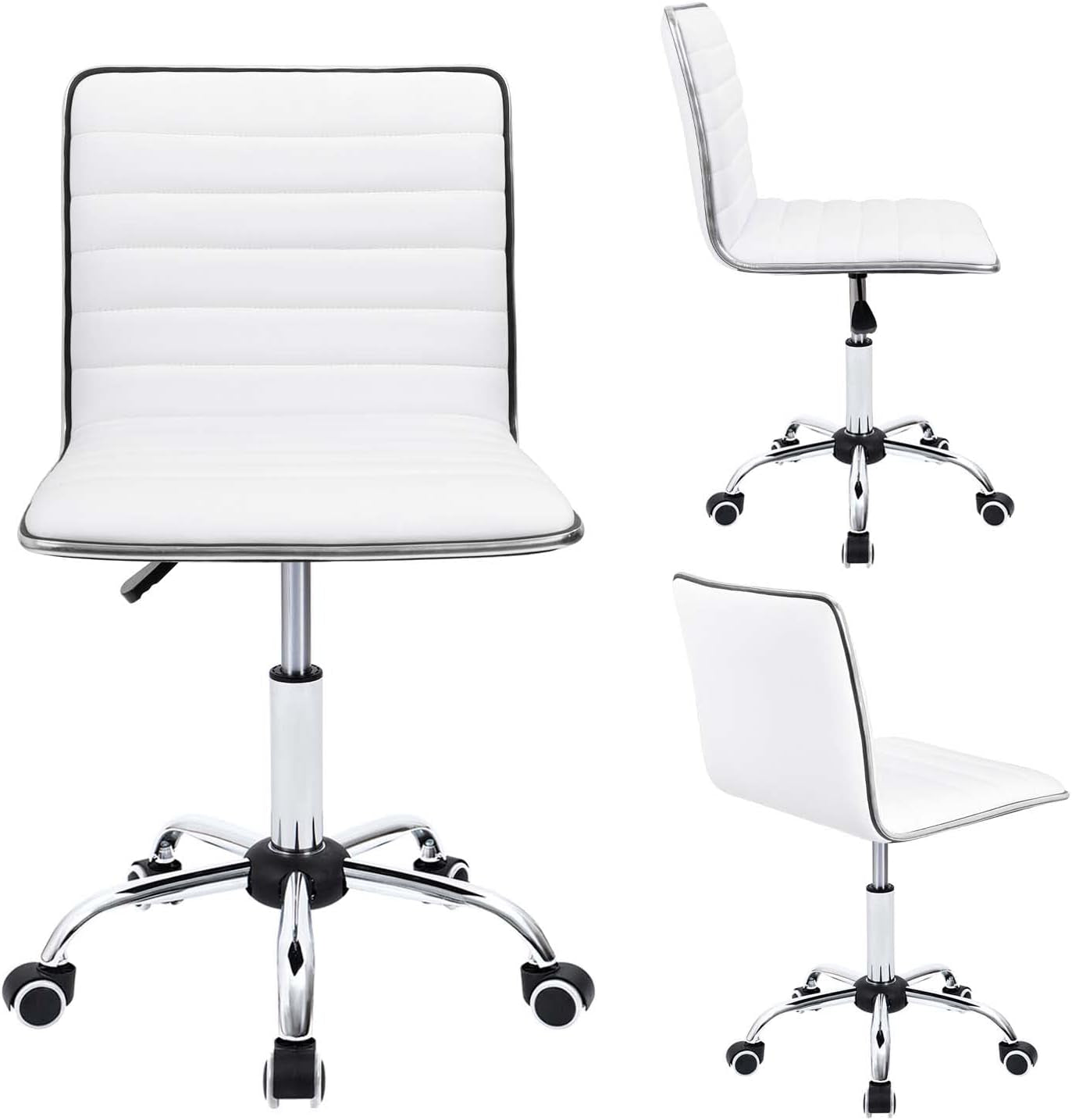 Mid Back Vanity Chair White PU Leather Swivel Office Chair