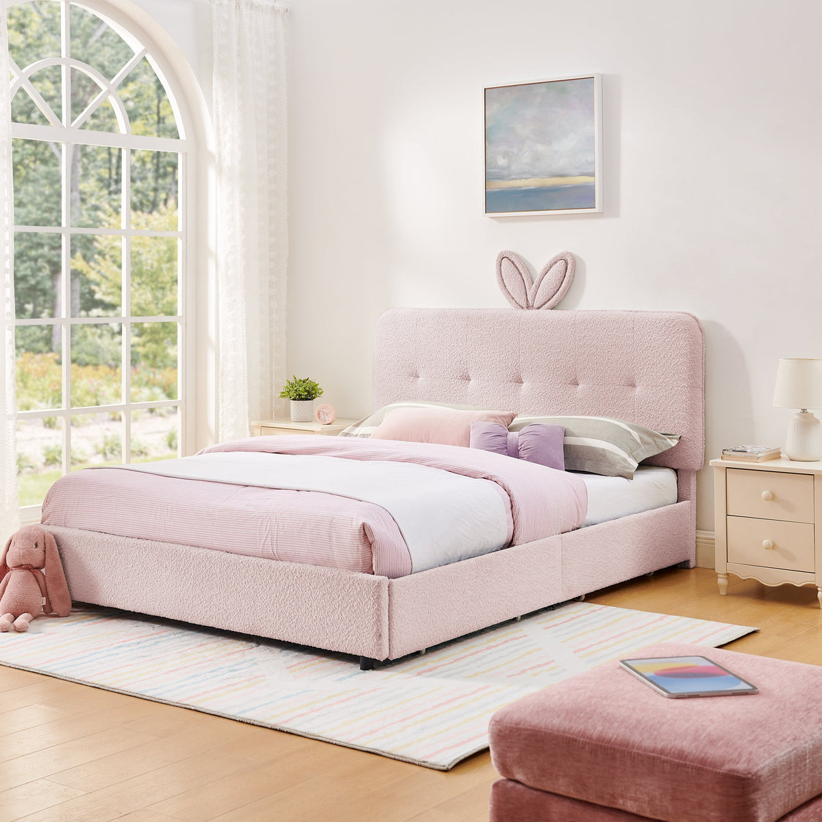 Queen Size Kids Upholstered Bed with Rabbit Ear Headboard