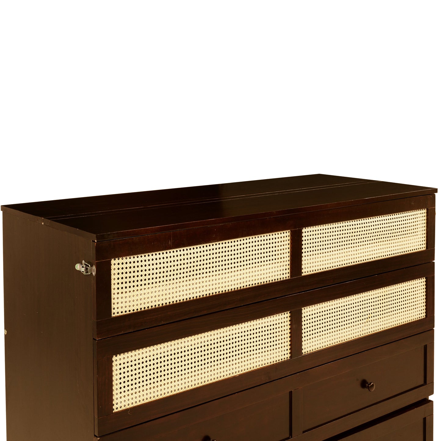 Queen Size Murphy Bed, Pine Wood Cabinet Bed with Rattan Decoration and Storage Drawer,Walnut