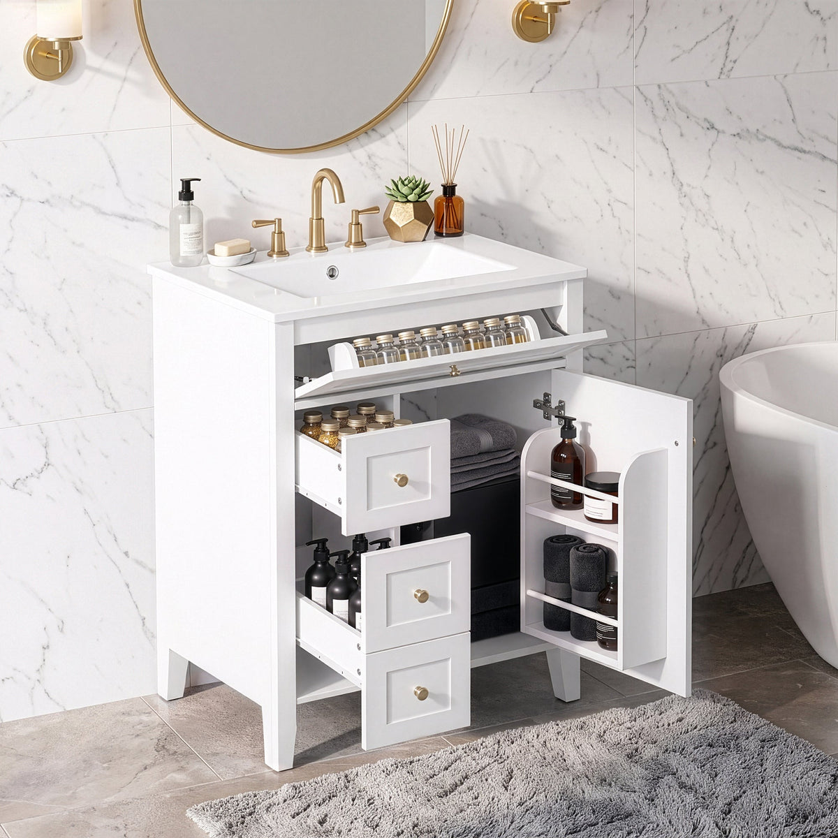 24" Modern Bathroom Vanity with Ceramic Sink and Storage Rack
