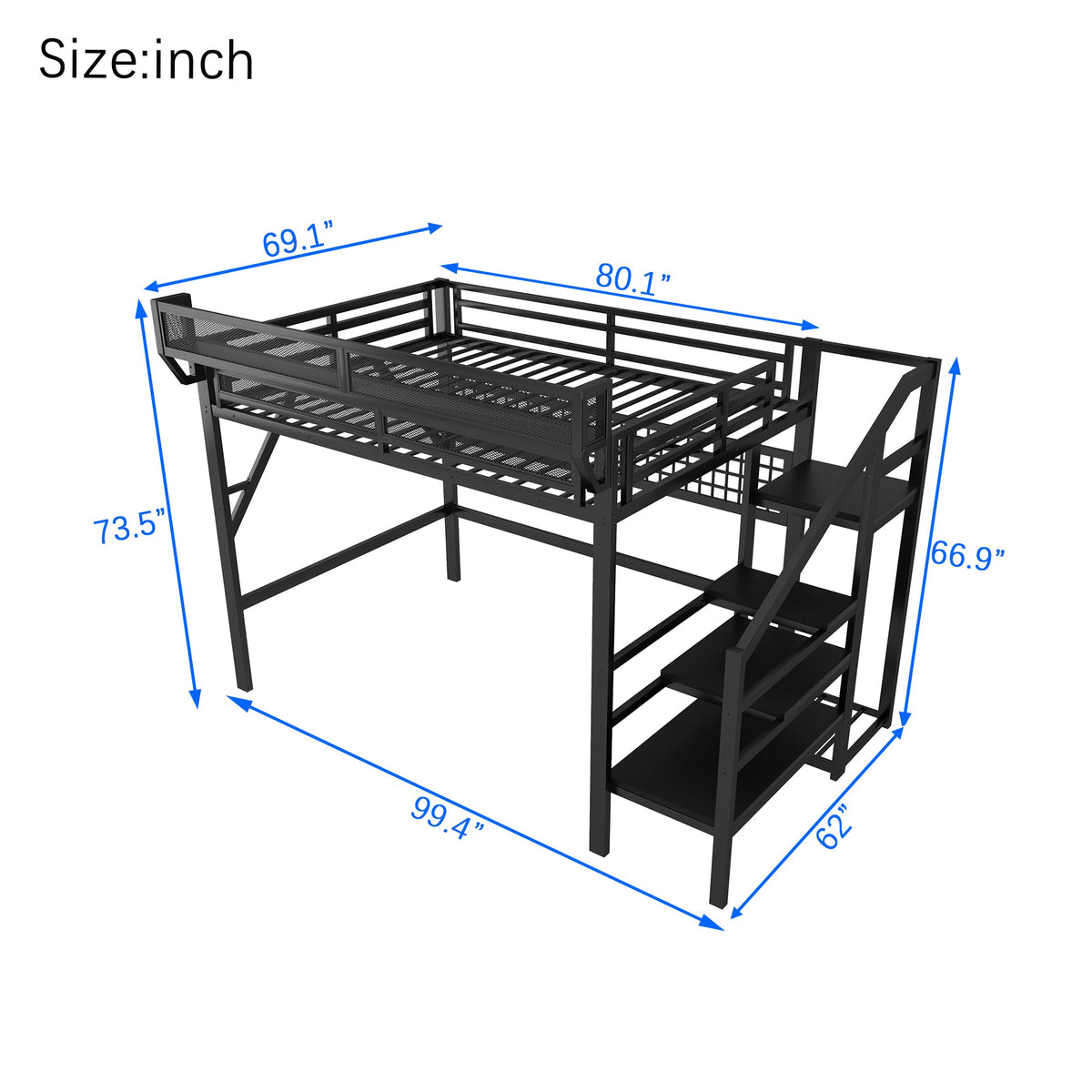 Queen Size Loft Bed with Stairs, Light, and Storage