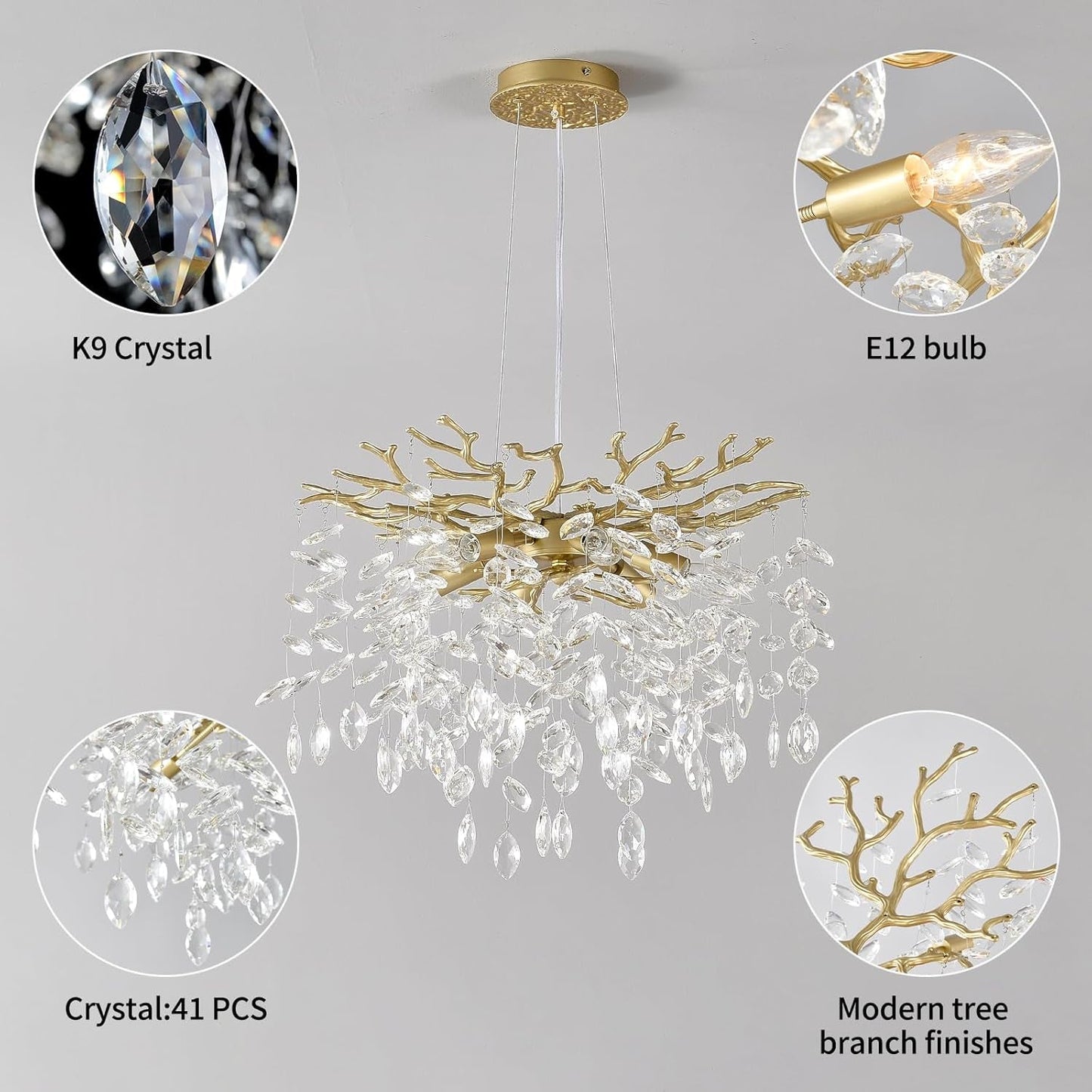 Gold Crystal Tree Branch Chandelier 18 Inch K9 Crystals