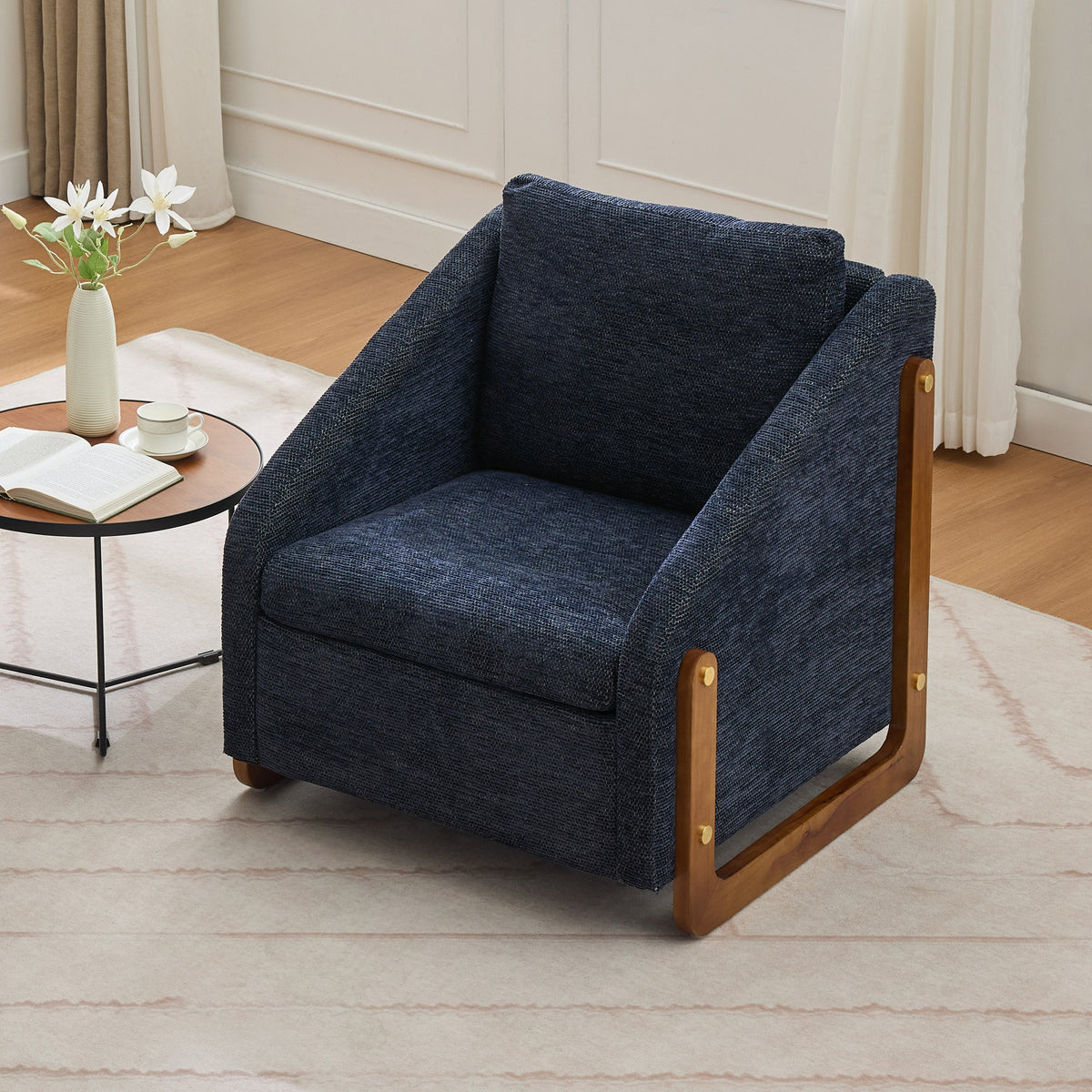 Chenille Fabric Modern Upholstered Armchair with Wooden Side Frame
