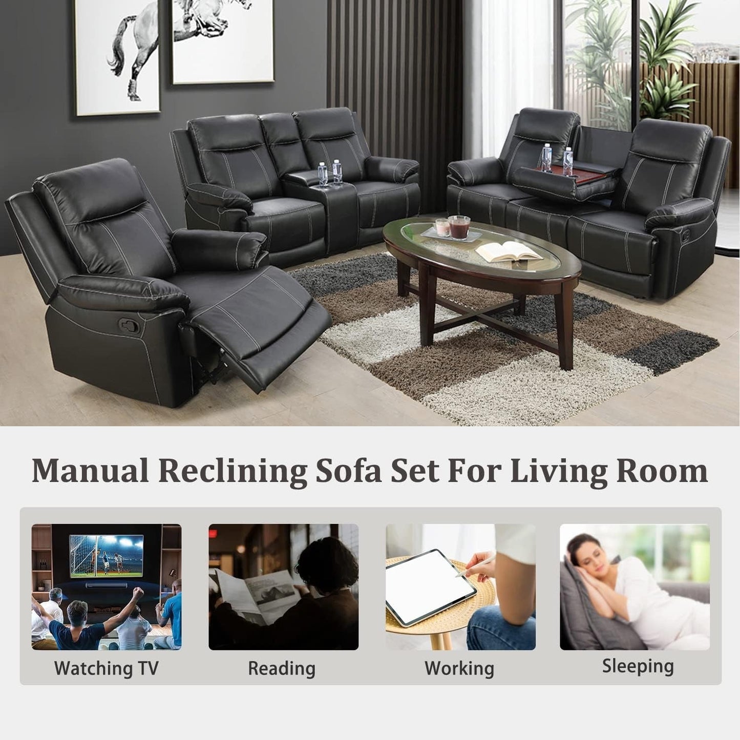 Manual Recliner Sofa Set Black Bonded Leather Cup Holders