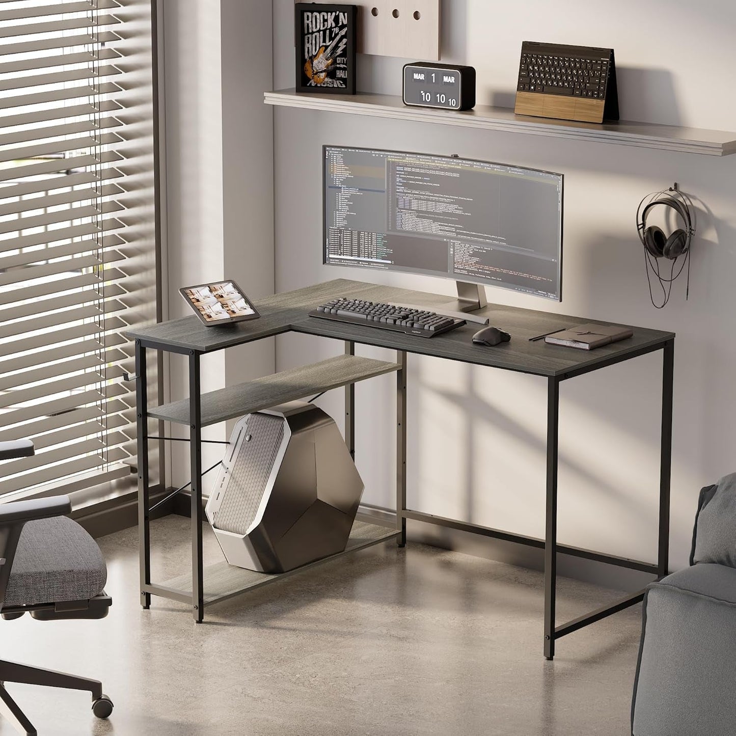 43 Inch L Shaped Desk With Reversible Shelves Espresso Gray