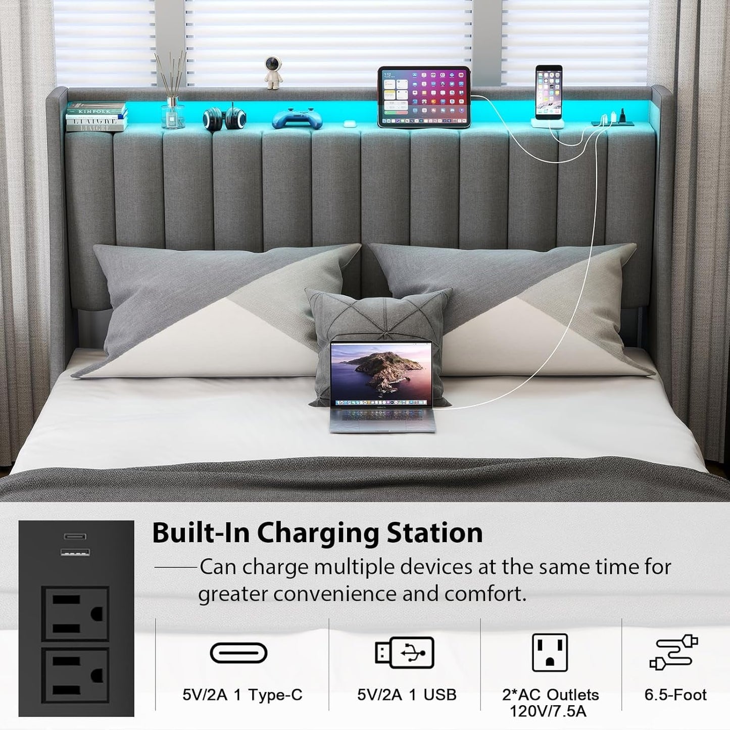 Queen Bed Frame With LED Lights And Storage Drawers