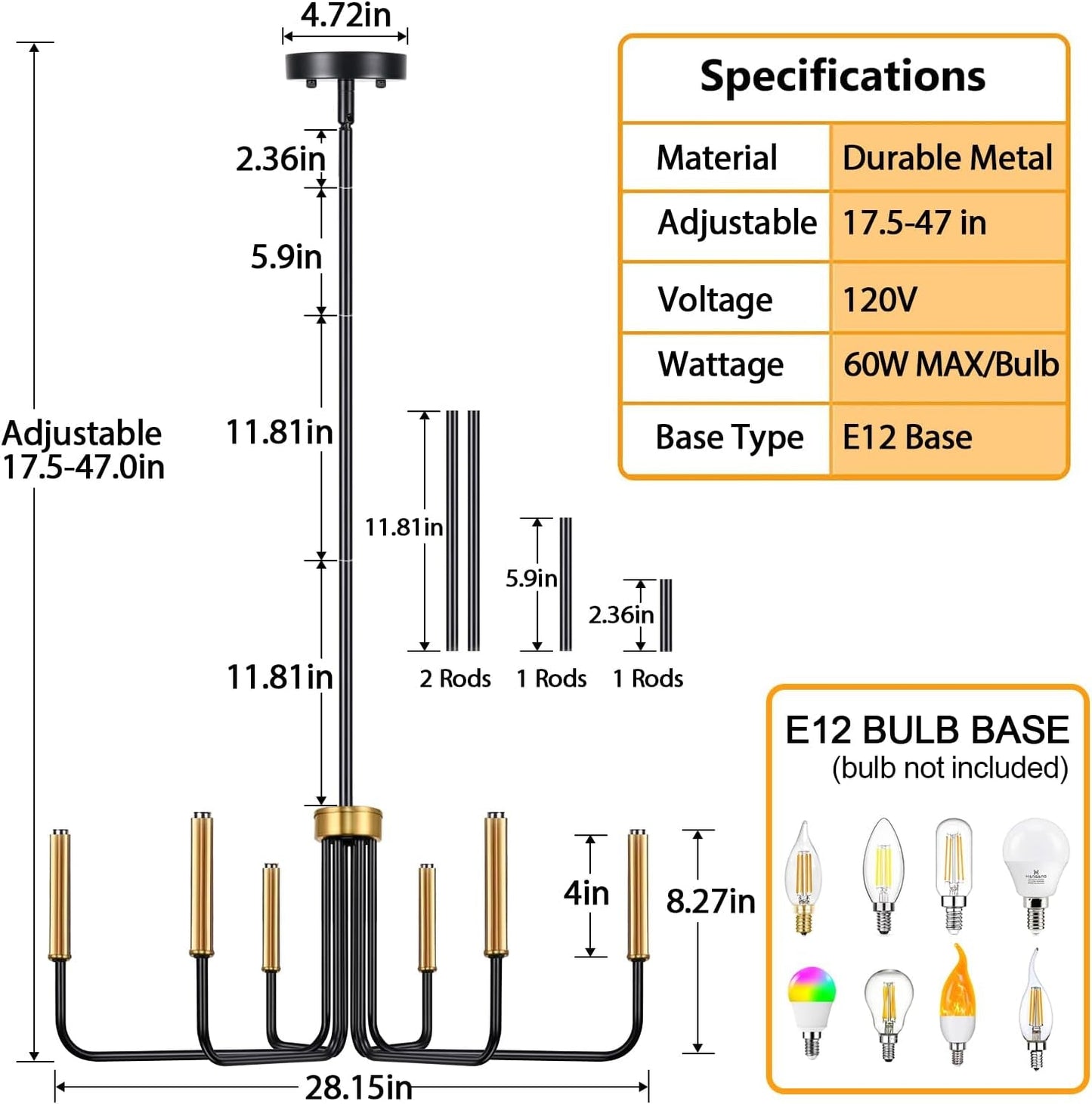 Specifications for Black And Gold Six Light Farmhouse Chandelier For Dining Room, including materials and dimensions.