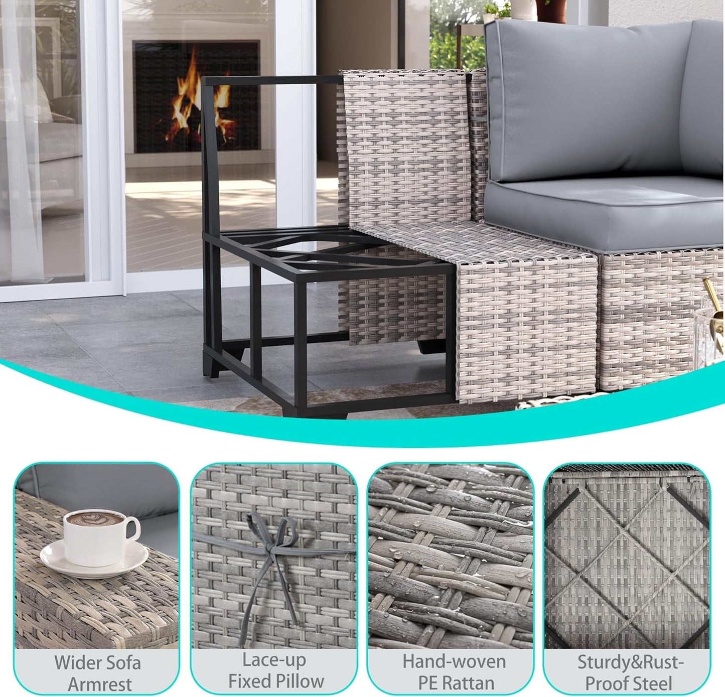 6-Piece Outdoor Wicker Patio Set With Grey Cushions showcasing armrest details and materials for outdoor comfort.
