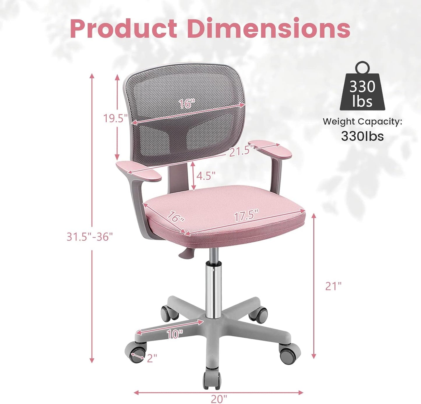Kids Desk Chair Pink Height Adjustable Lumbar Support