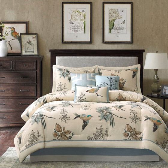 7 Piece Printed Cotton Twill Comforter Set - Khaki Cal King