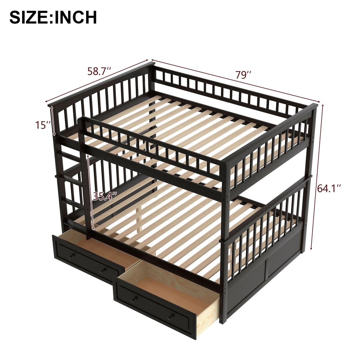 Full Over Full Bunk Bed With Drawers, Convertible Beds, Gray