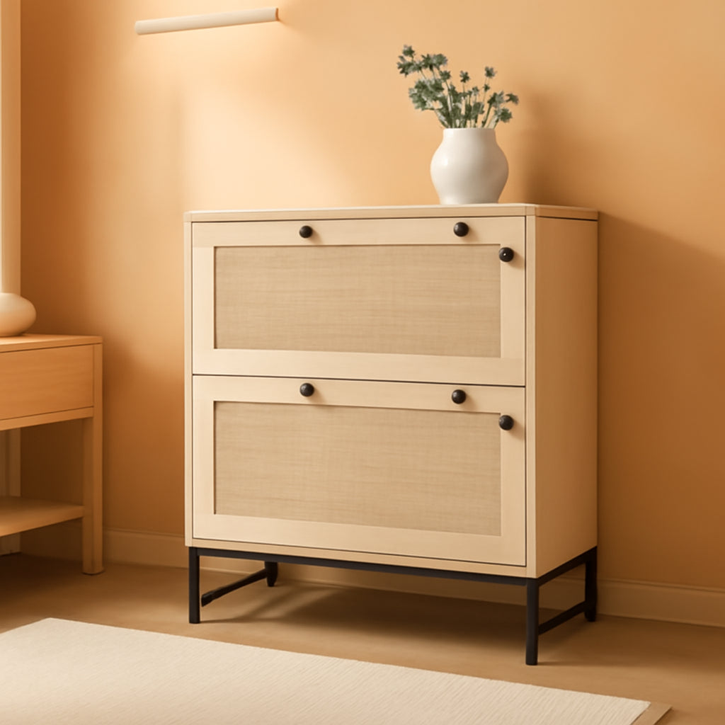 Two Drawer Rattan File Cabinet With Lock, Printer Stand And Adjustable Bars For Letter A4 Legal Files Natural Finish