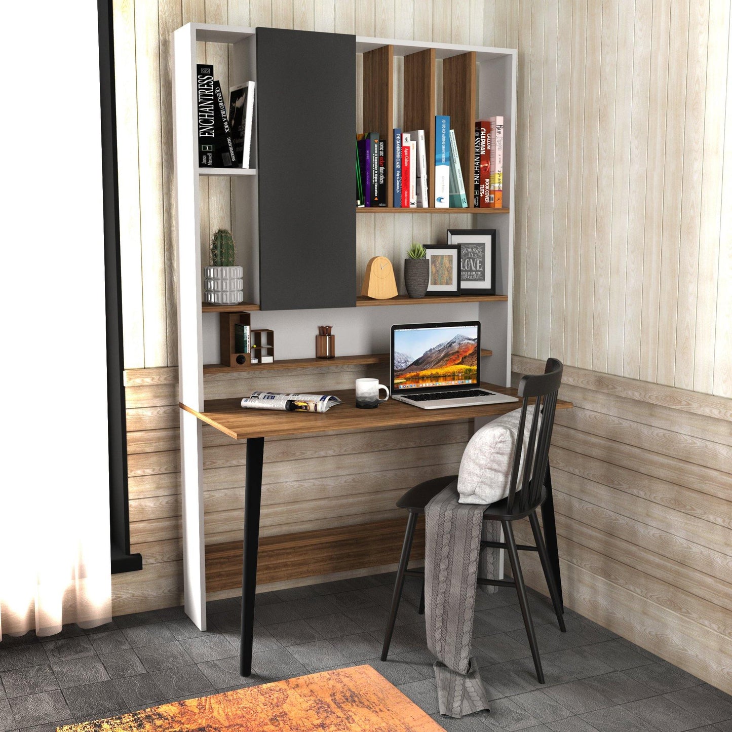 Wood 77" Tall Multifunctional Computer Credenza Desk with A Cabinet & Shelves