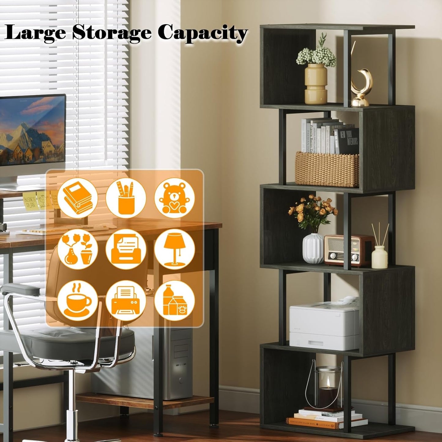 6 Tier Bookshelf Oak Finish Modern Storage Display