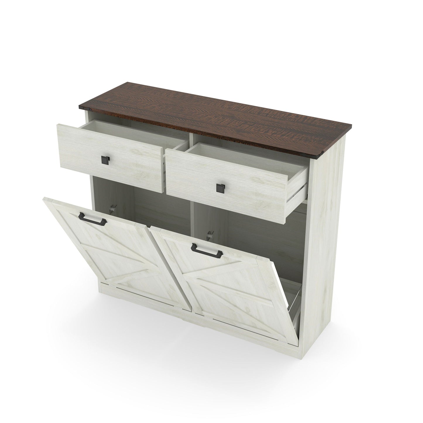 Double Tilt-Out Trash Cabinet With Hideaway Drawer and Barn Door Style