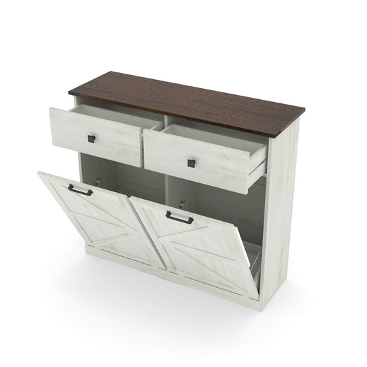 Double Tilt-Out Trash Cabinet With Hideaway Drawer and Barn Door Style
