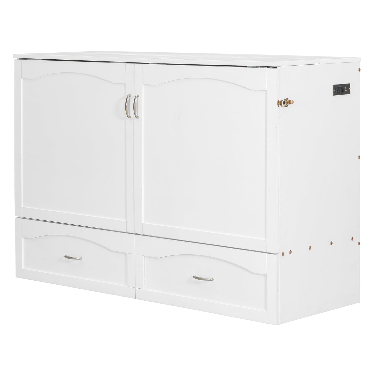 Queen Size Murphy Bed Wall Bed with drawer and a set of Sockets & USB Ports, Pulley Structure Design, White(OLD SKU: LP100671AAK)
