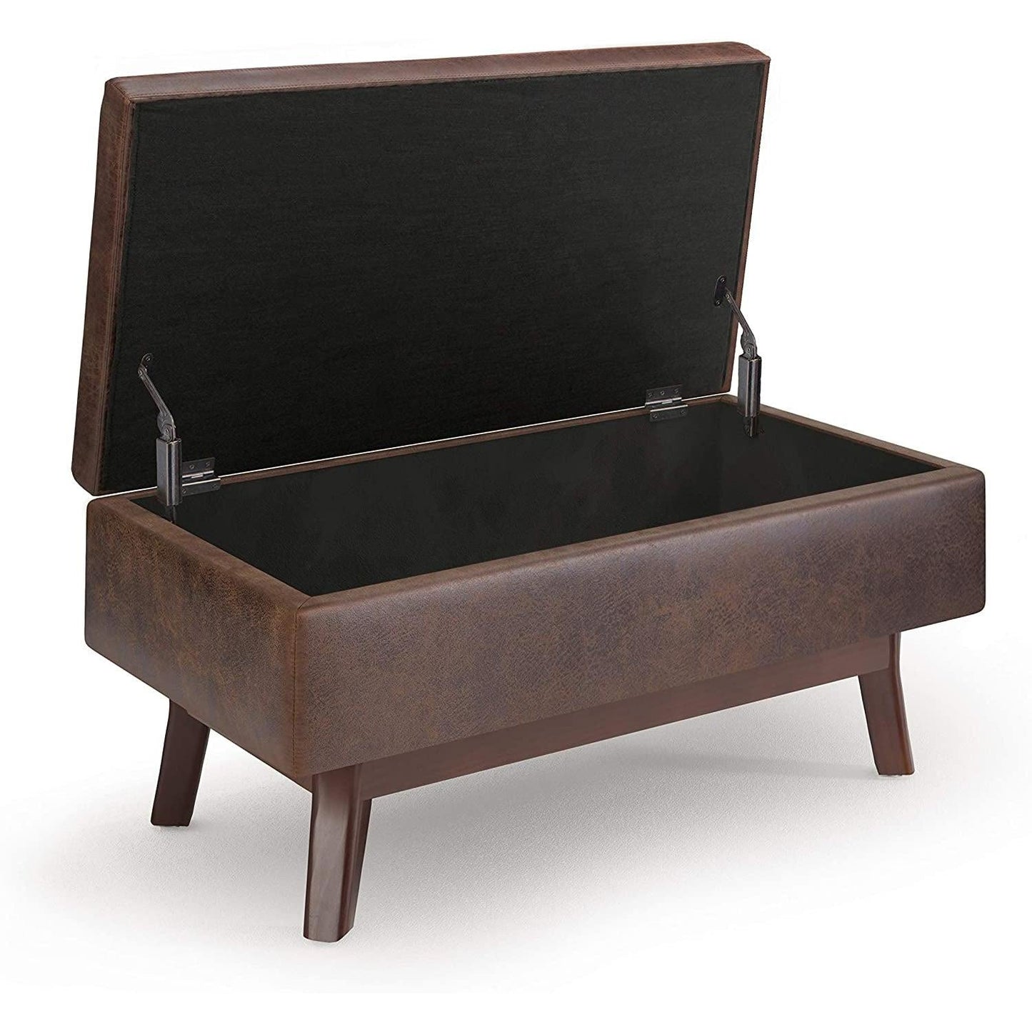 Mid Century Storage Ottoman 36W Chestnut Faux Leather