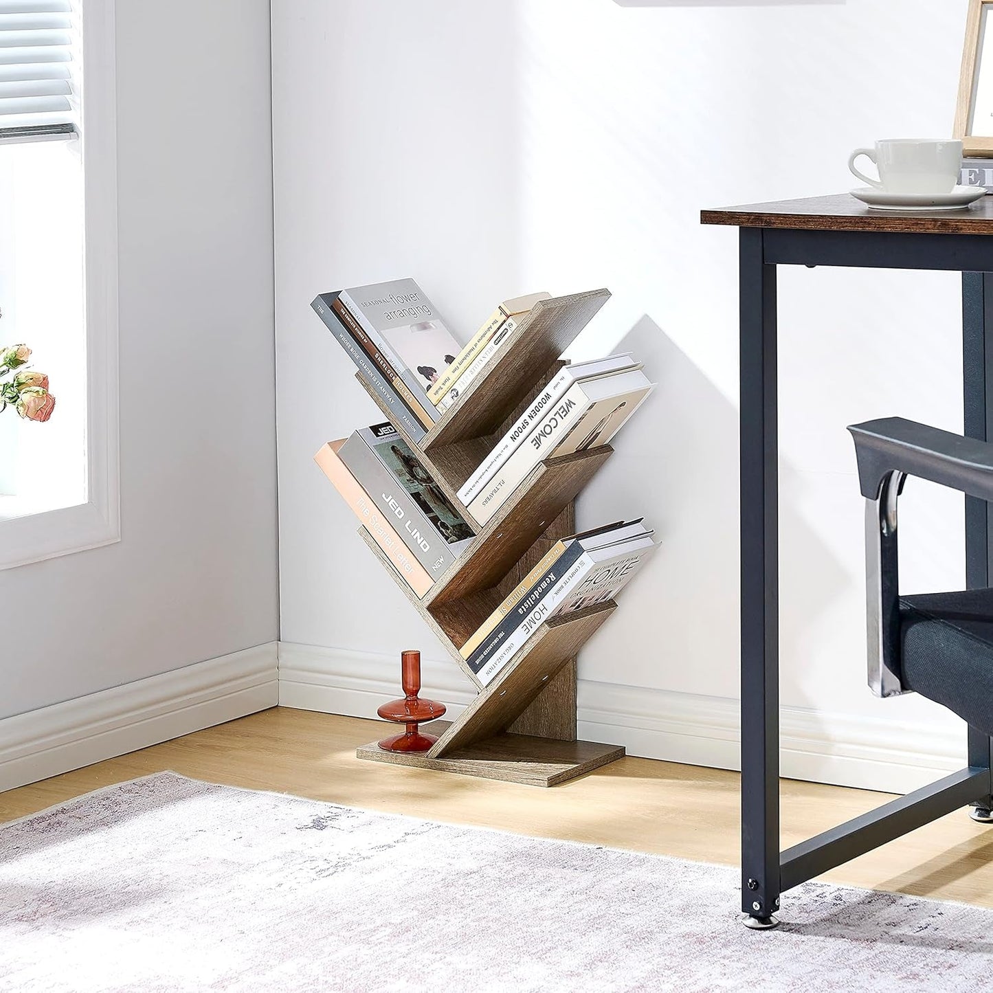 Greige 4 Tier Tree Bookshelf Modern Storage Bookcase