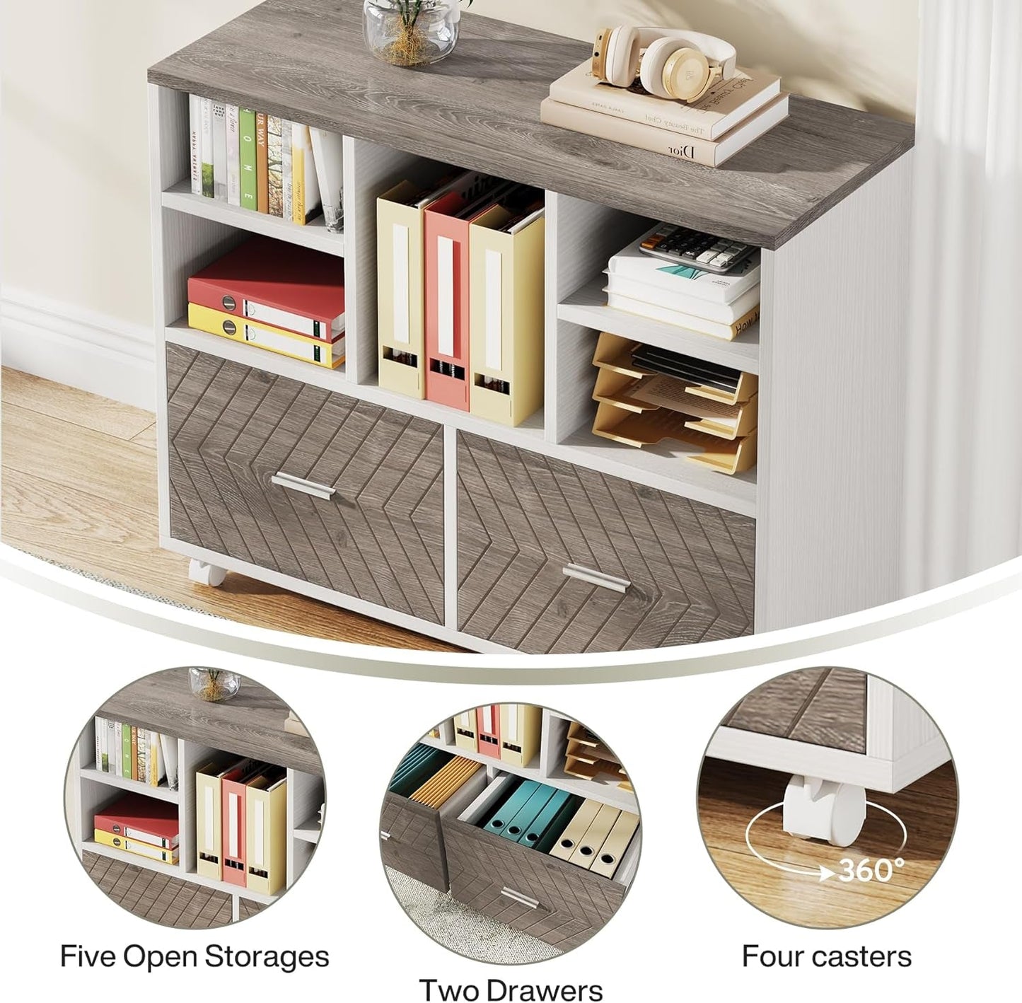63 Inch L Shaped Desk Gray White With Reversible File Cabinet