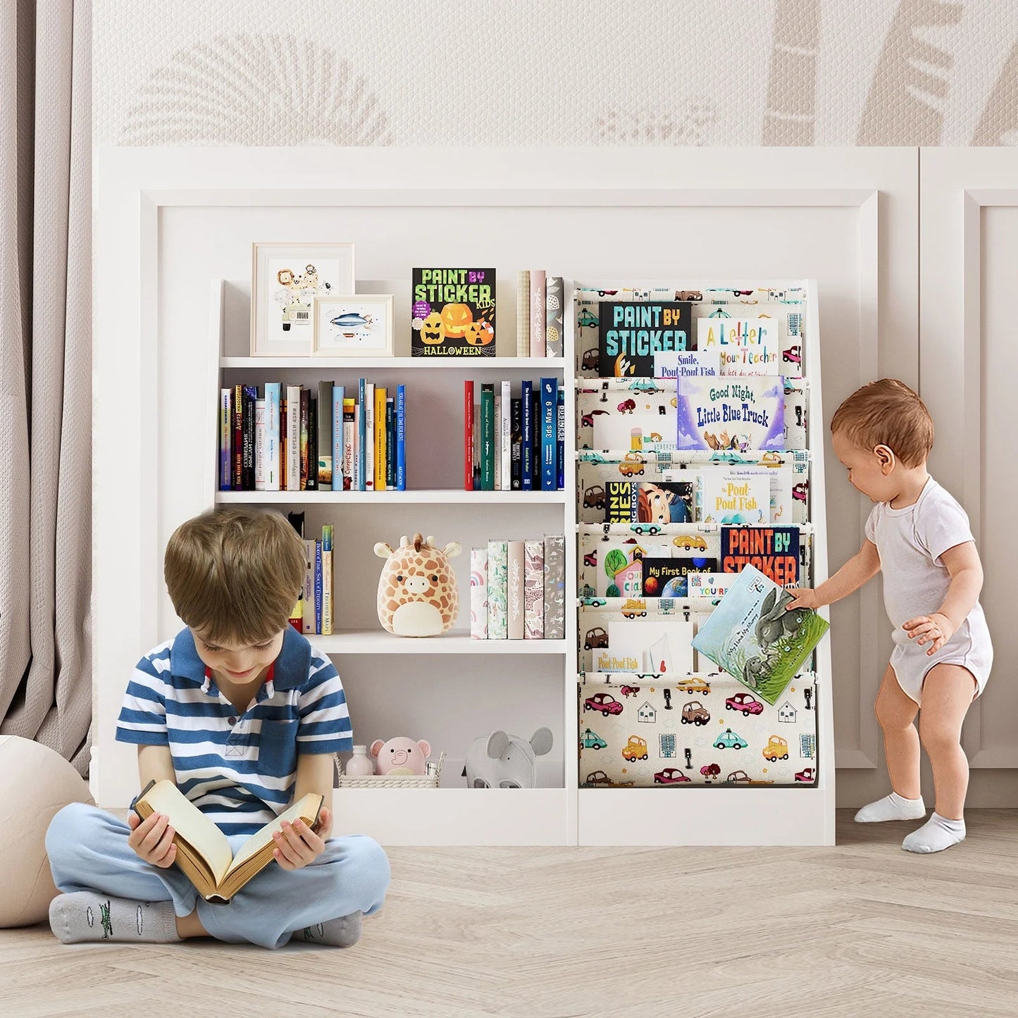 Wooden 4 Tier Sling Storage Children'S Bookshelf for Kids Room Living Room
