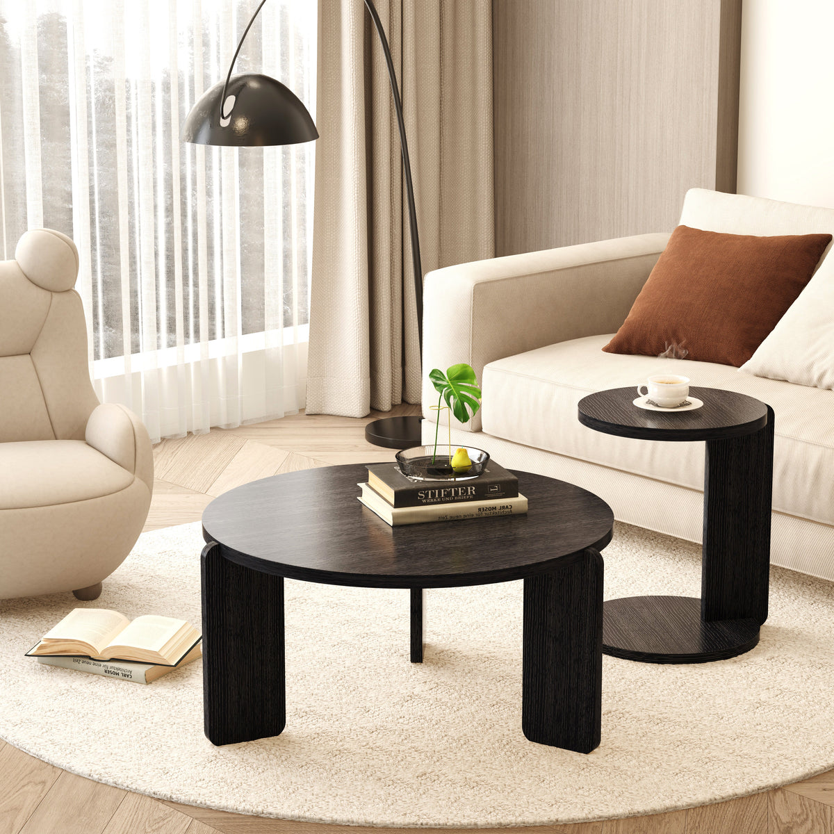 Nesting Round Wood Coffee Table with End Table Set of 2