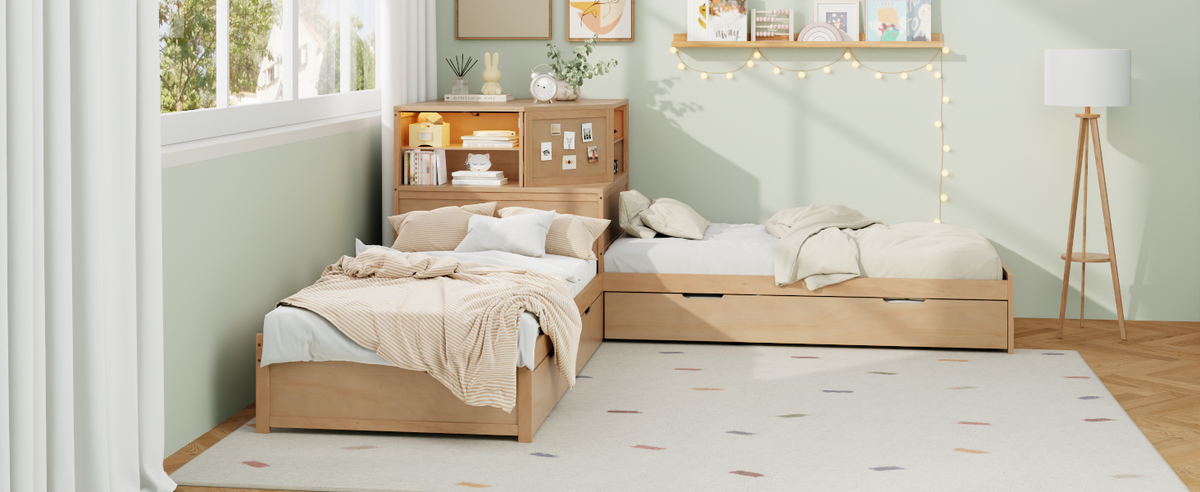 L-Shaped Combination Twin Bed Frame with Trundle and Drawer