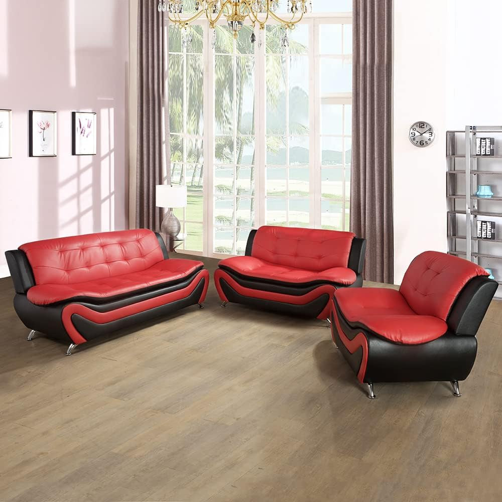 Living Room Sofa Set 3-Piece Faux Leather Black Red