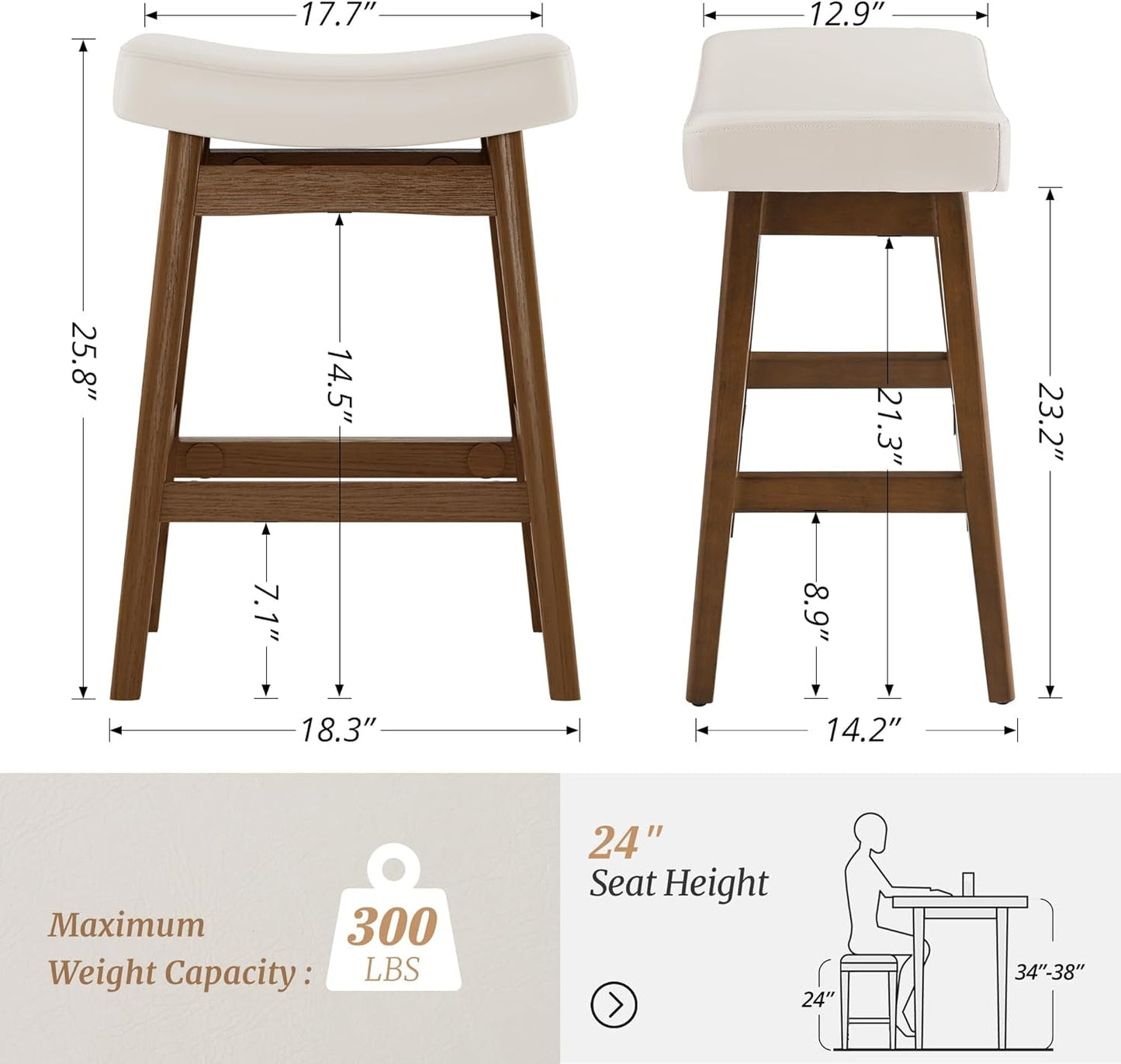 Bar Stools Set Of 2, 24 Inch Antique White Leather