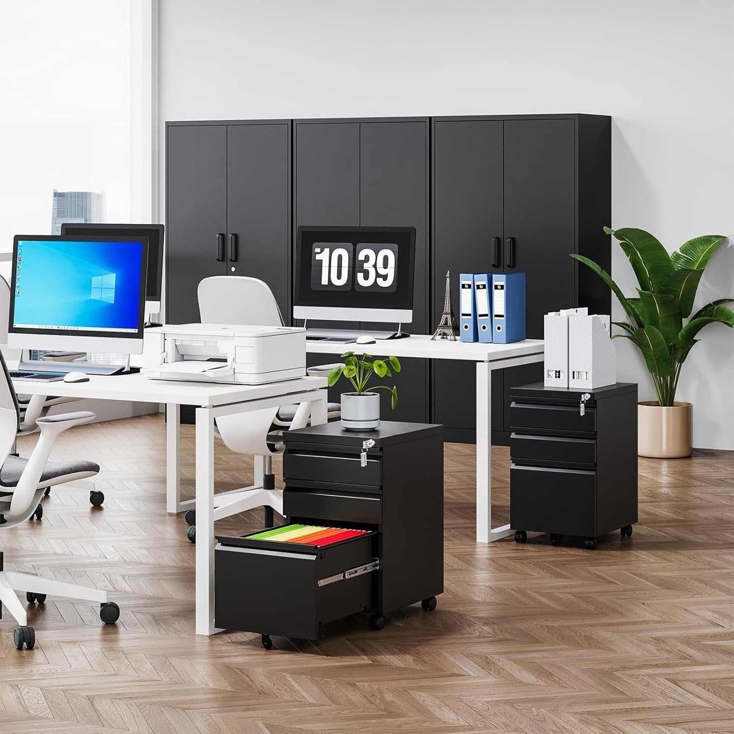 Three Drawer File Cabinet On Wheels With Lock Black Metal