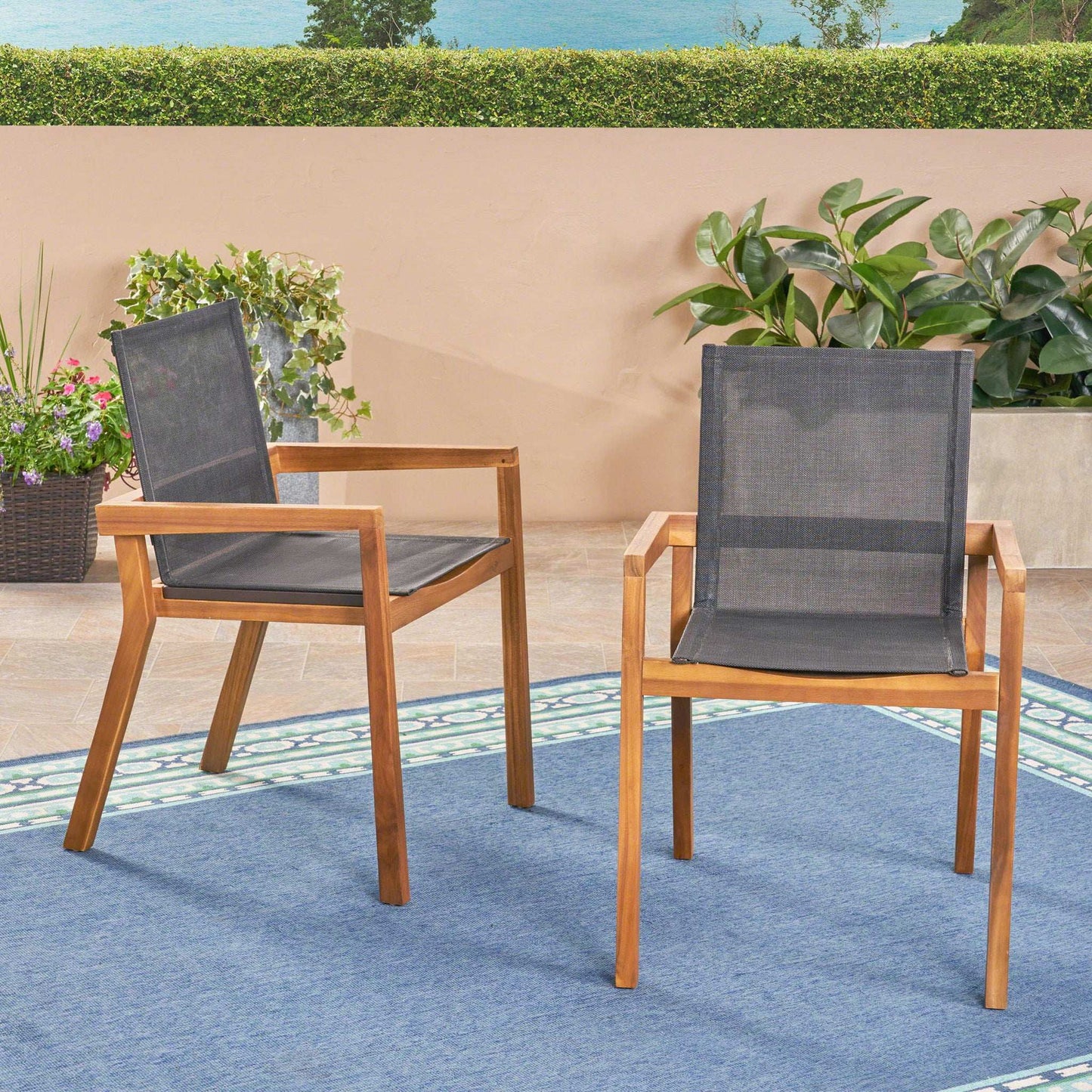 Belfast Dining Chair With Acacia Wood Frame And Mesh Seating (Set of 2)