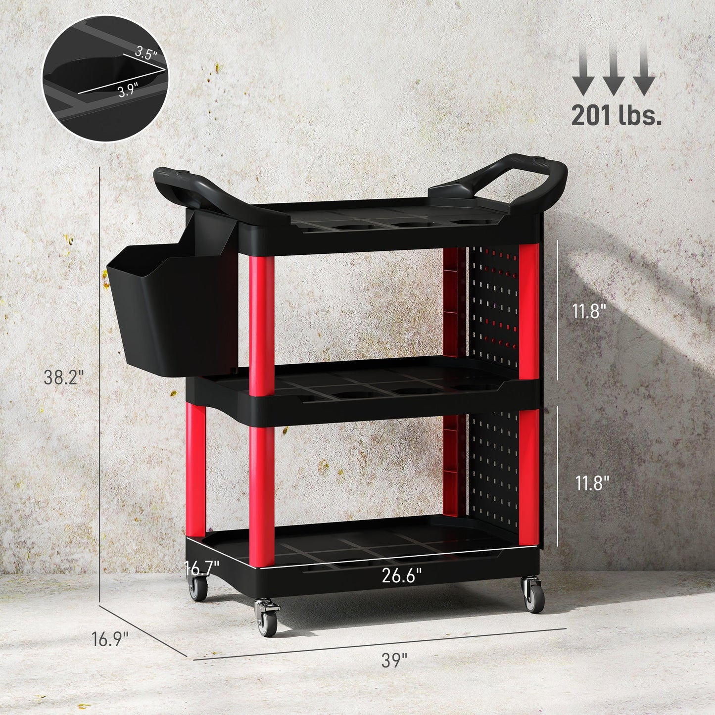 200 LBS Capacity Plastic Utility Cart with Side Shelf and Storage Bucket,Rolling Tool Cart