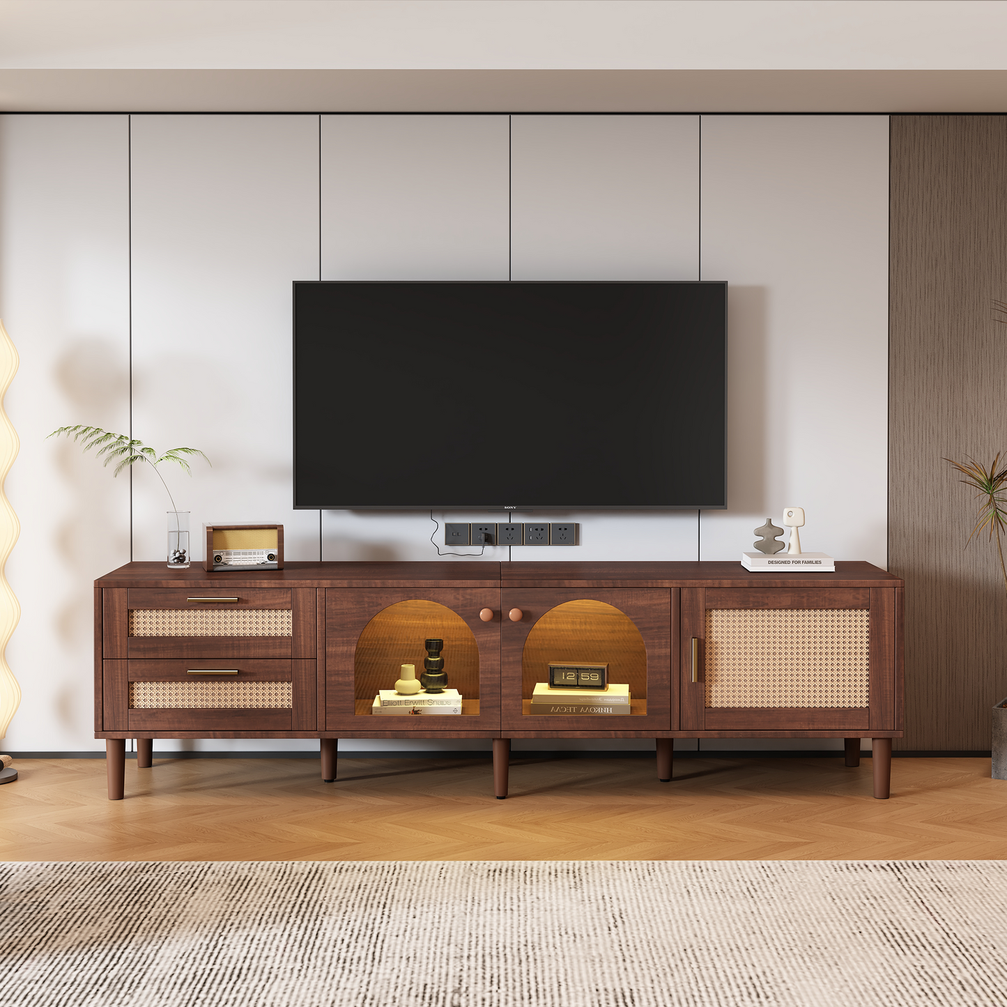 Rattan TV Stand with 3 Cabinets and 2 Drawers