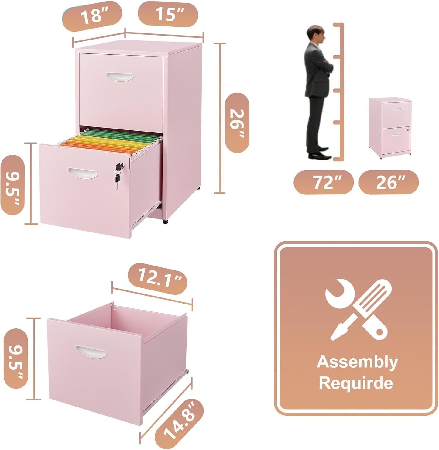 Pink 2 Drawer Locking File Cabinet For Home Office