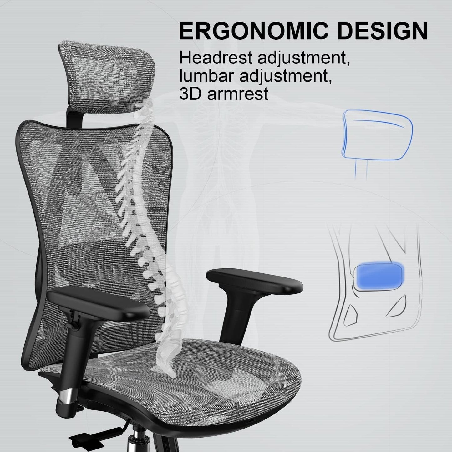 Grey Ergonomic Office Chair With Adjustable Headrest