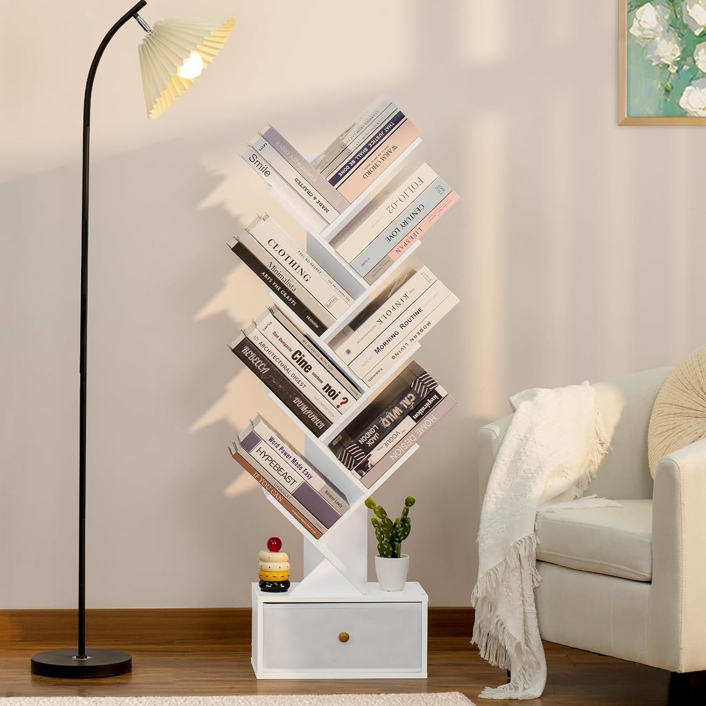 8 Tier Tree Bookshelf With Drawer White Wood Space Saving