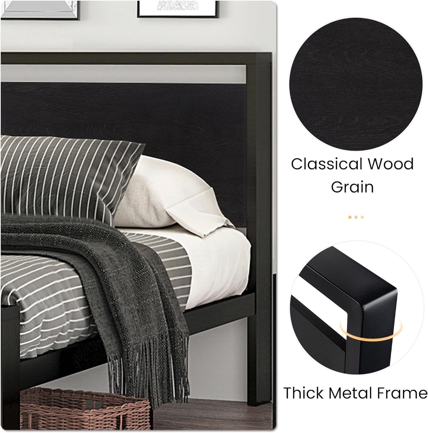 Sturdy Metal Platform Bed Frame With Wooden Headboard 800Lb
