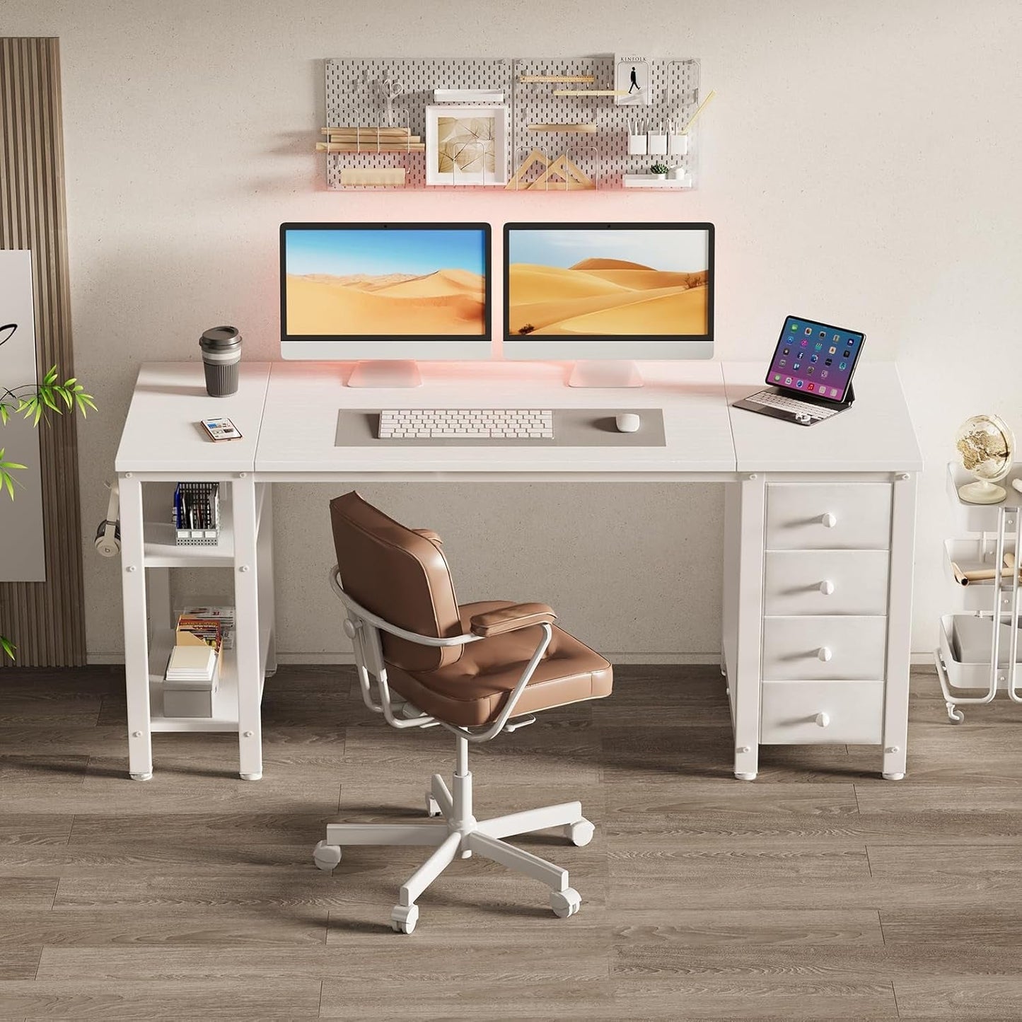 55 Inch White Computer Desk With Fabric Drawers And Storage