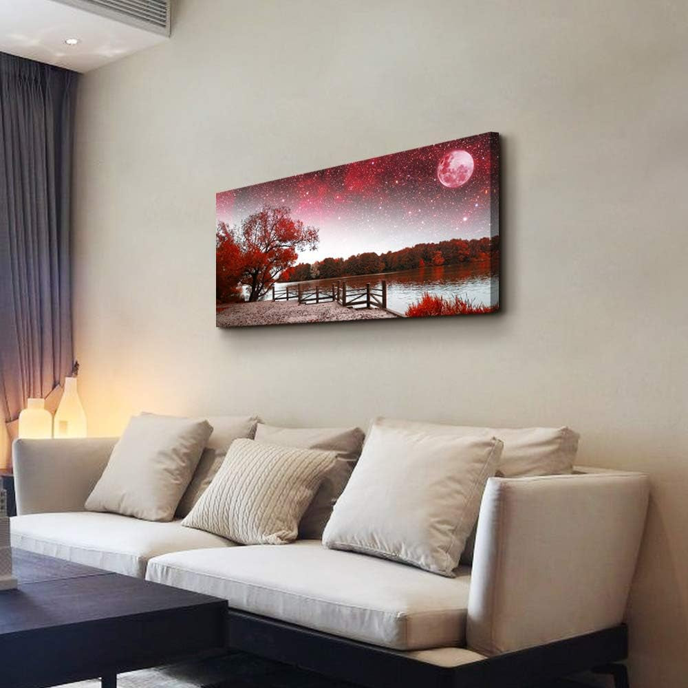 Stunning Red Tree and Moon Canvas Art - Exquisite Starry Sky Landscape Poster for Living Room & Bedroom Decor - Ready to Hang Wall Art for Your Home or Office