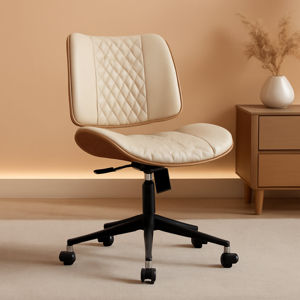 Armless Office Chair With Wheels Beige PU Leather Ergonomic
