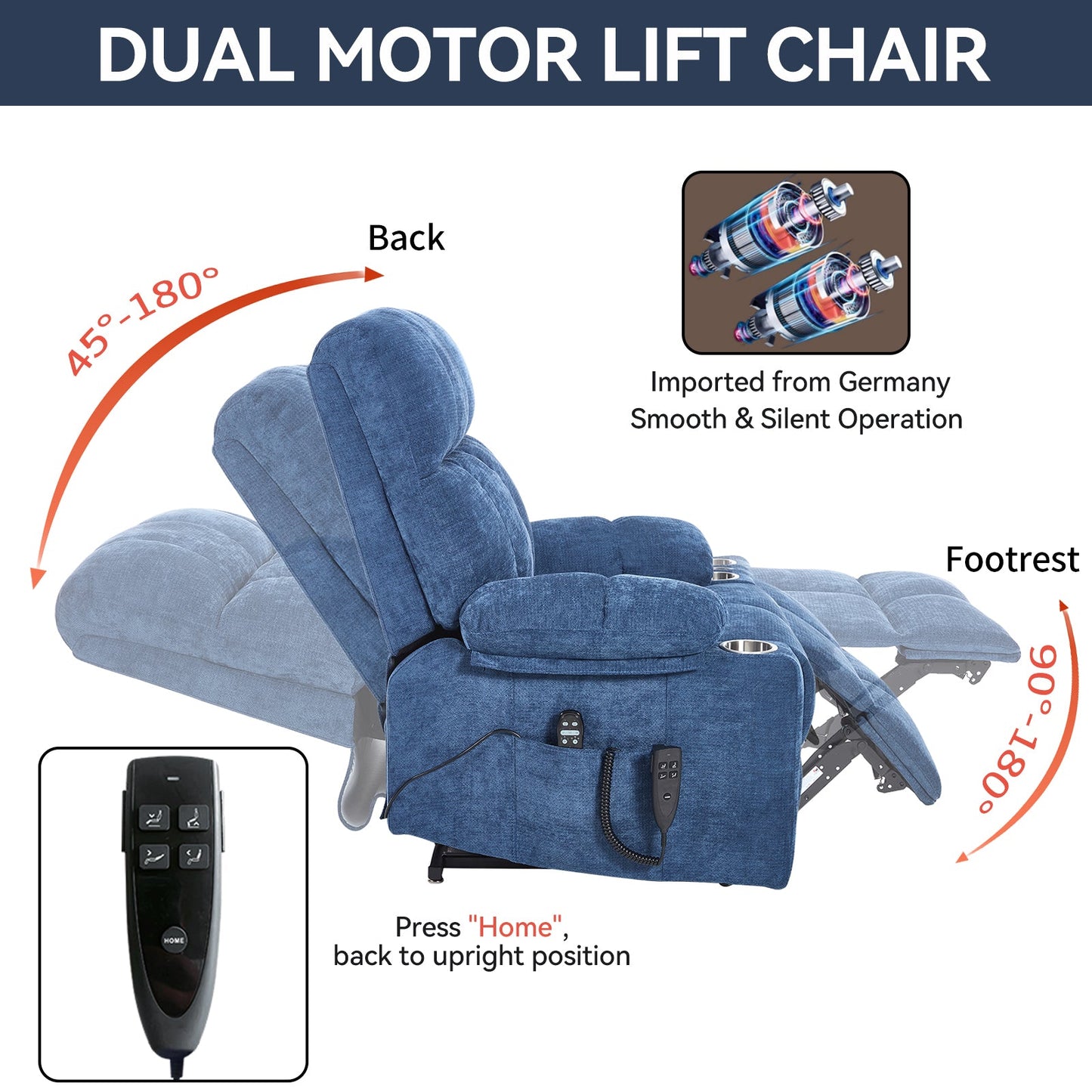 Blue Dual Motor Infinite Position Up to 350 LBS Chenille Power Lift Recliner Chair, Heavy Duty Motion Mechanism with 8-Point Vibration Massage and Lumbar Heating, Dual Cup Holders