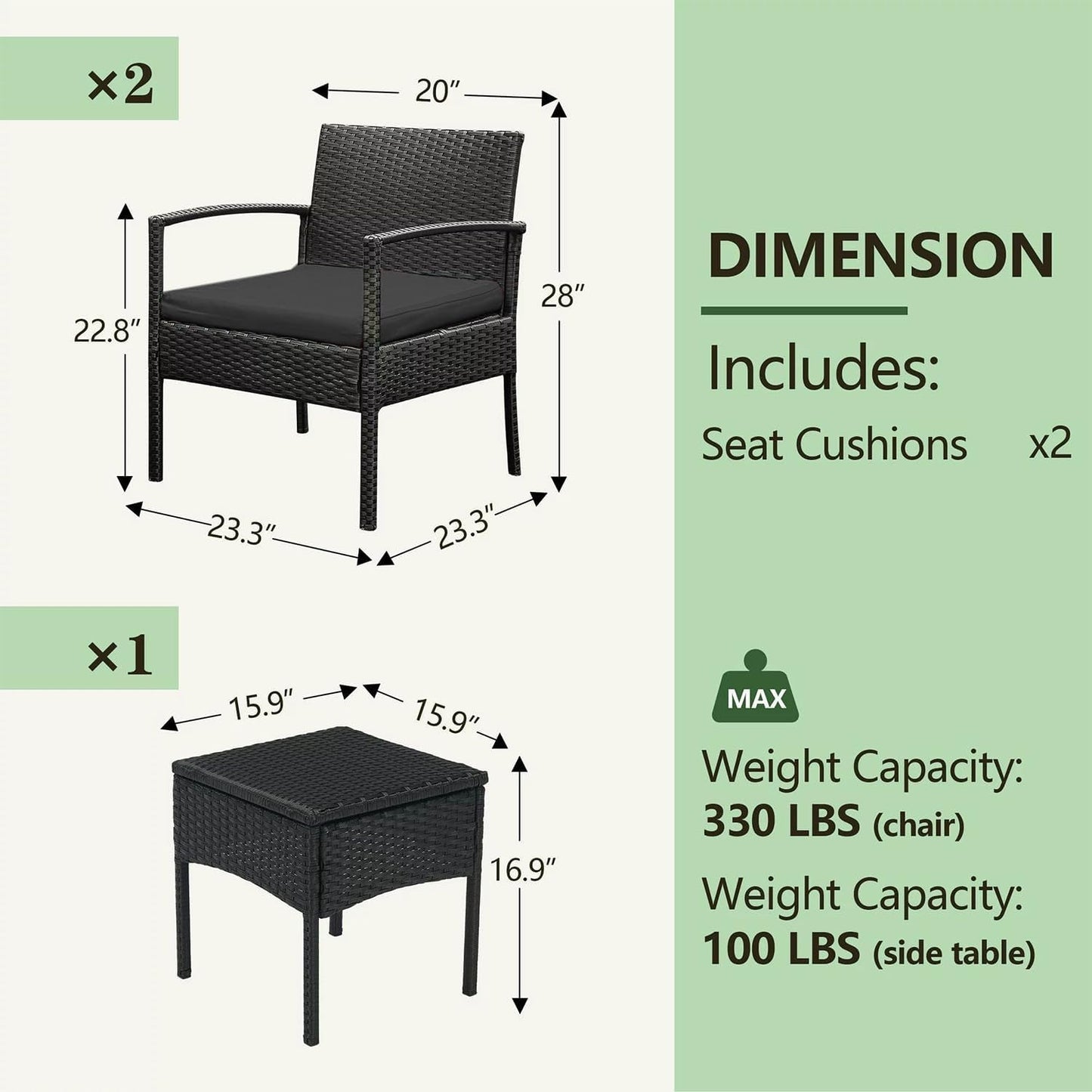 3 Piece Patio Rattan Conversation Chairs Set Outdoor Furniture Black Wicker For Garden Balcony Porch Yard