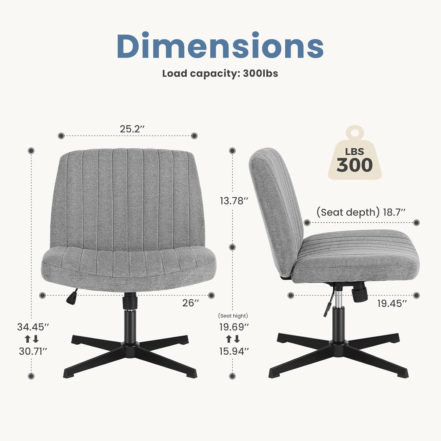 Cross Legged Armless Office Chair With Adjustable Height Fabric Swivel Chair